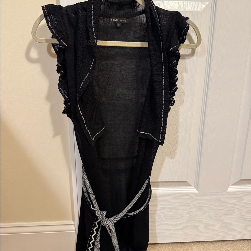 Black Lightweight Ruffle Trim Tie Waist Cardigan Vest Boho Layering Top